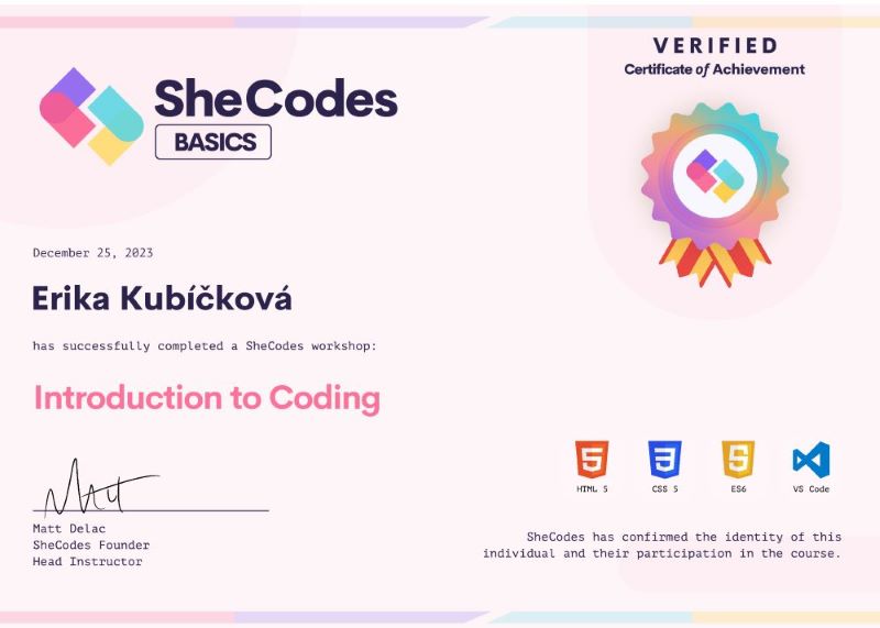 Certificate SheCodes Basics | Erika Kubíčková